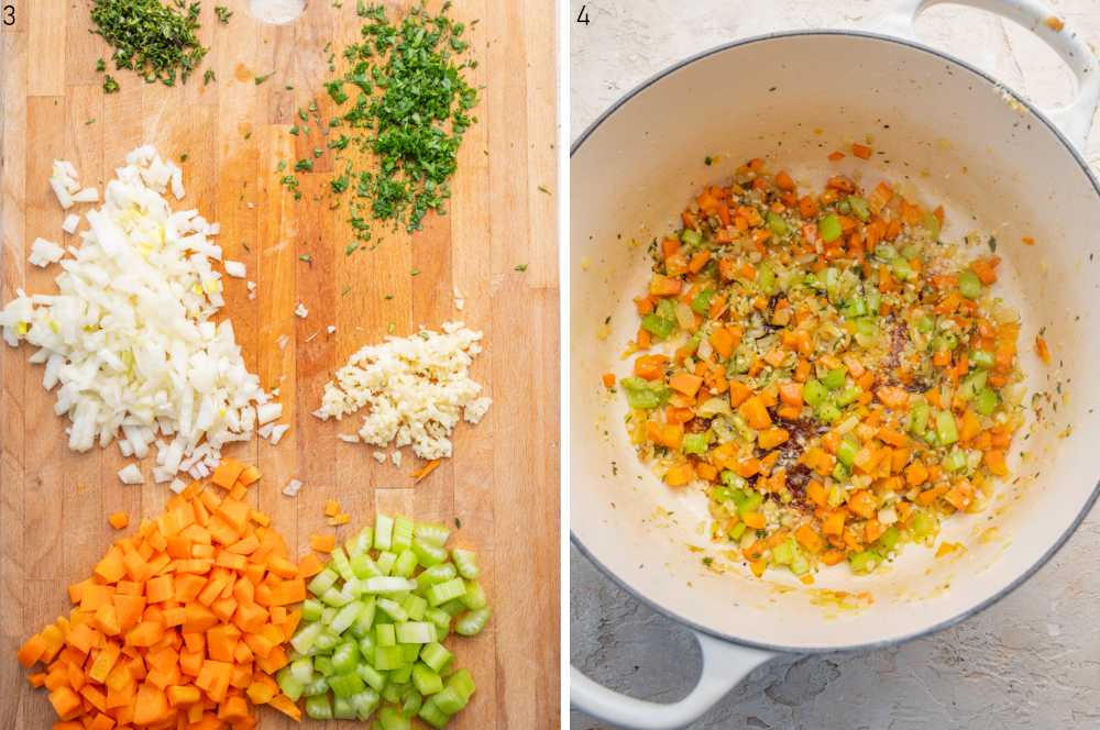 Chopped vegetables on a wooden board. Sauteed vegetables in a pot.