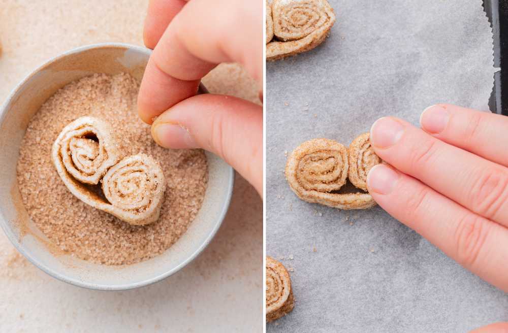 Palmiers cookies are being dipped in cinnamon sugar.