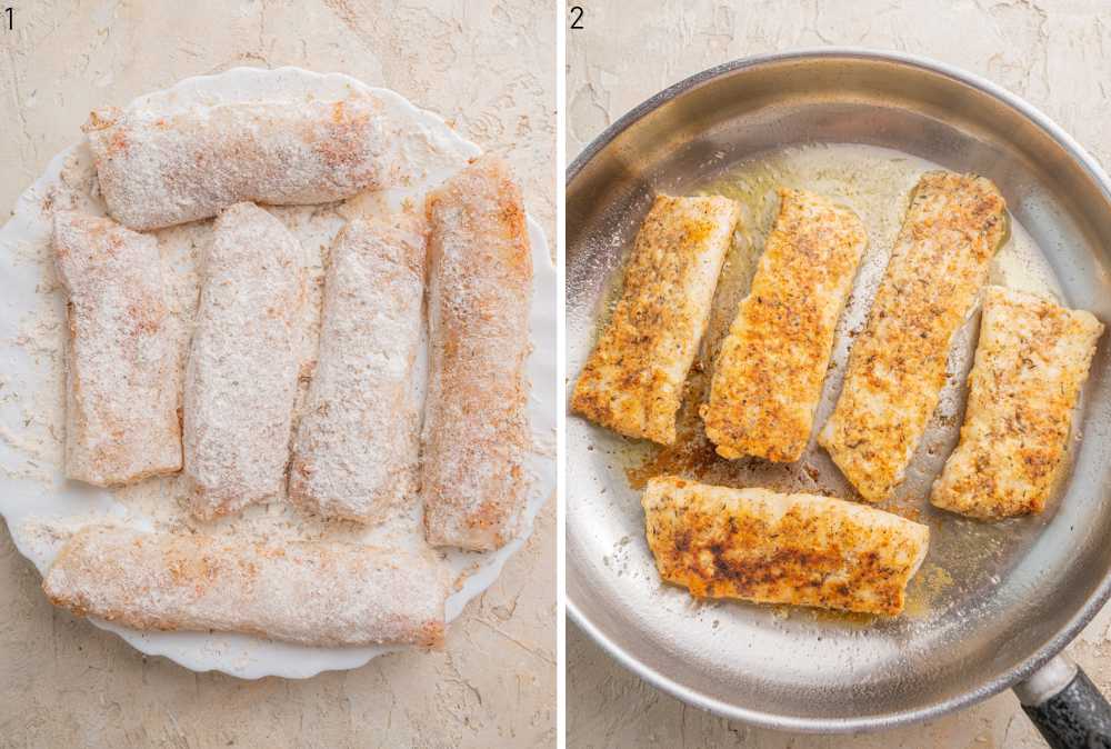 Fish dredged in flour. Pan-fried fish in a pan.