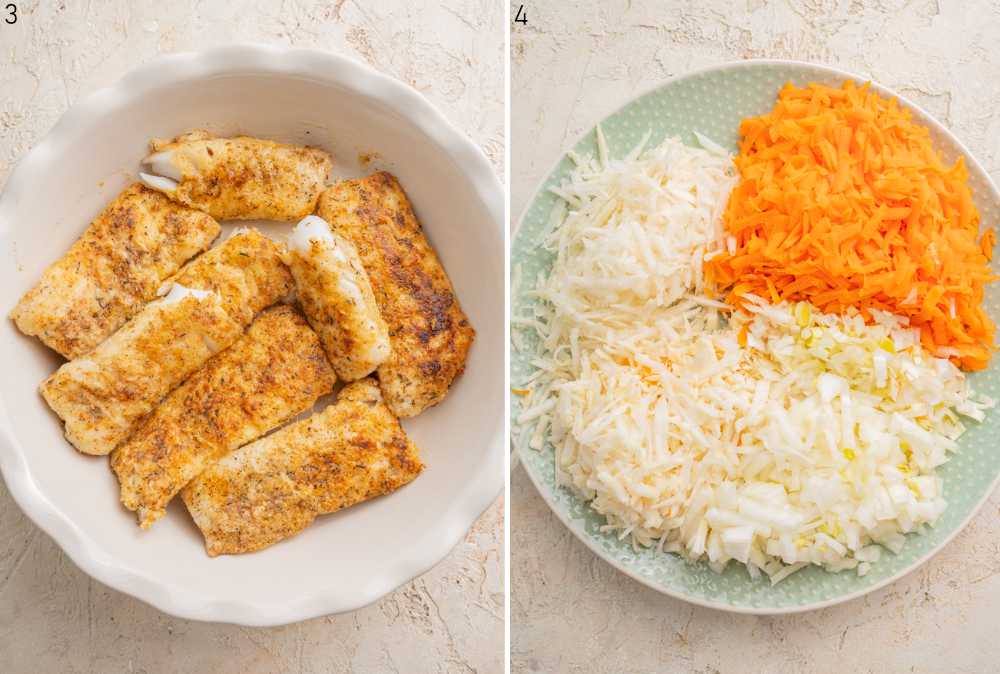 Pan fried fish in a white baking dish. Shredded root vegetables on a plate.