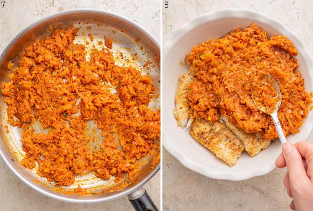 Vegetable topping in a pan. Vegetable topping is being spread over pan-fried fish in a baking dish.