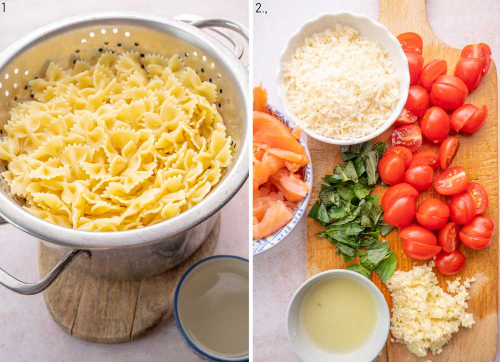 Cooked pasta in a pot. Chopped ingredients for pasta on a wooden board.