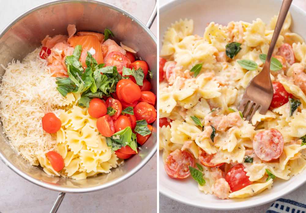 Ingredients for smoked salmon pasta in a pot.