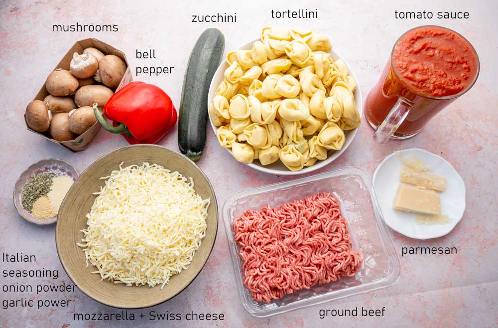 Labeled ingredients for Tortellini Bake.
