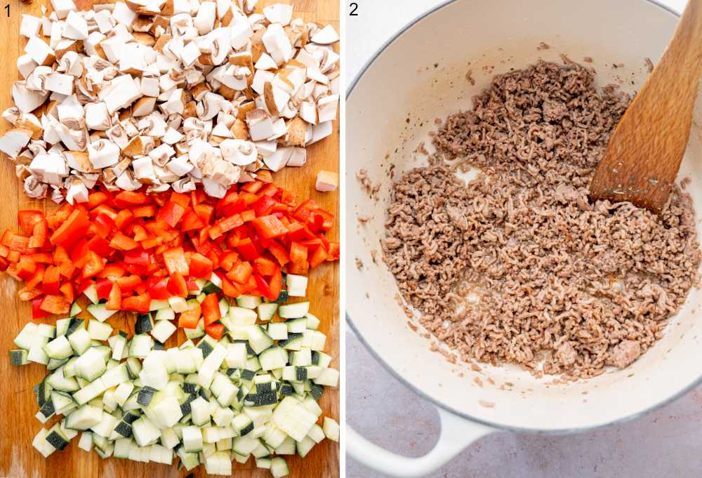 Chopped vegetables on a wooden board. Browned ground beef in a pot.