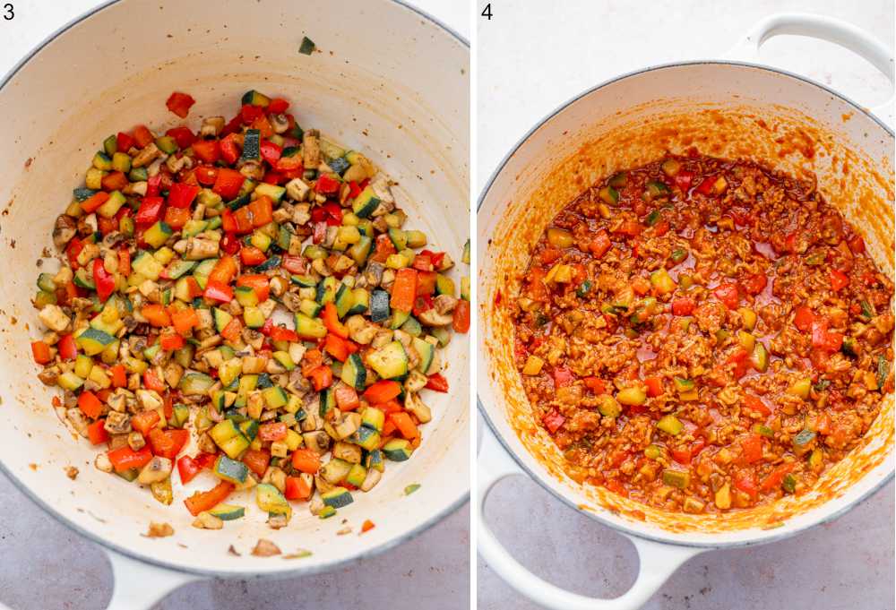 Sauteed vegetables in a pot. Vegetable meat tomato sauce in a pot.