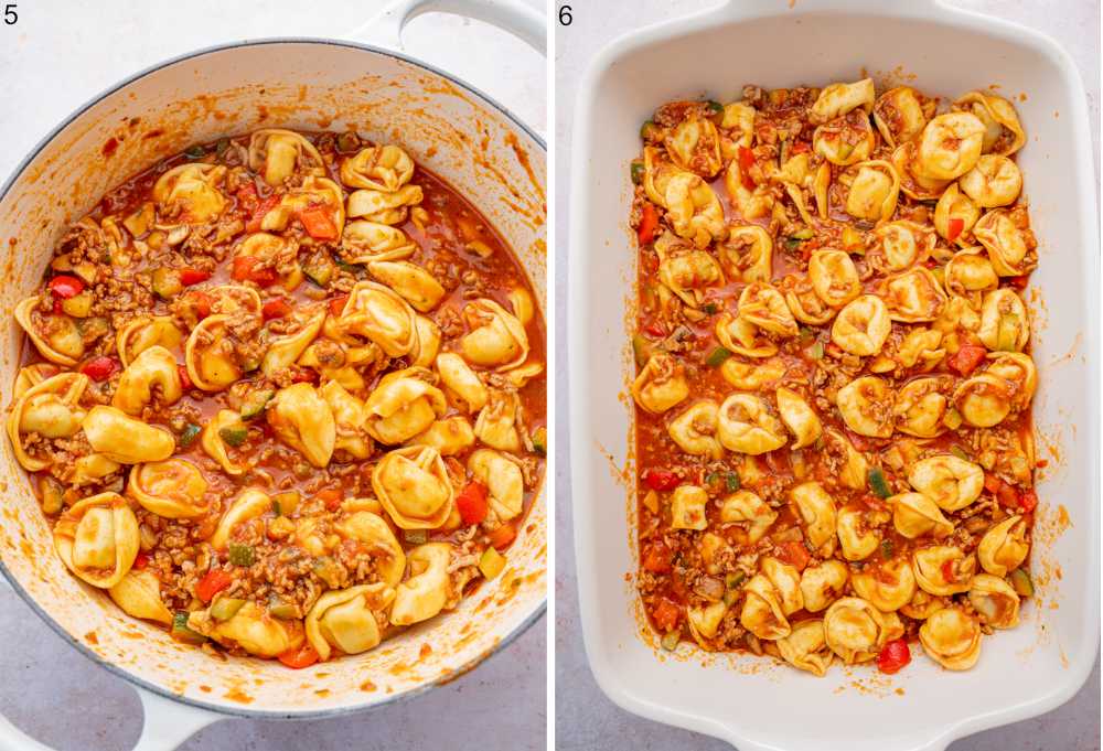 Tomato sauce with tortellini in a pot and in a casserole dish.