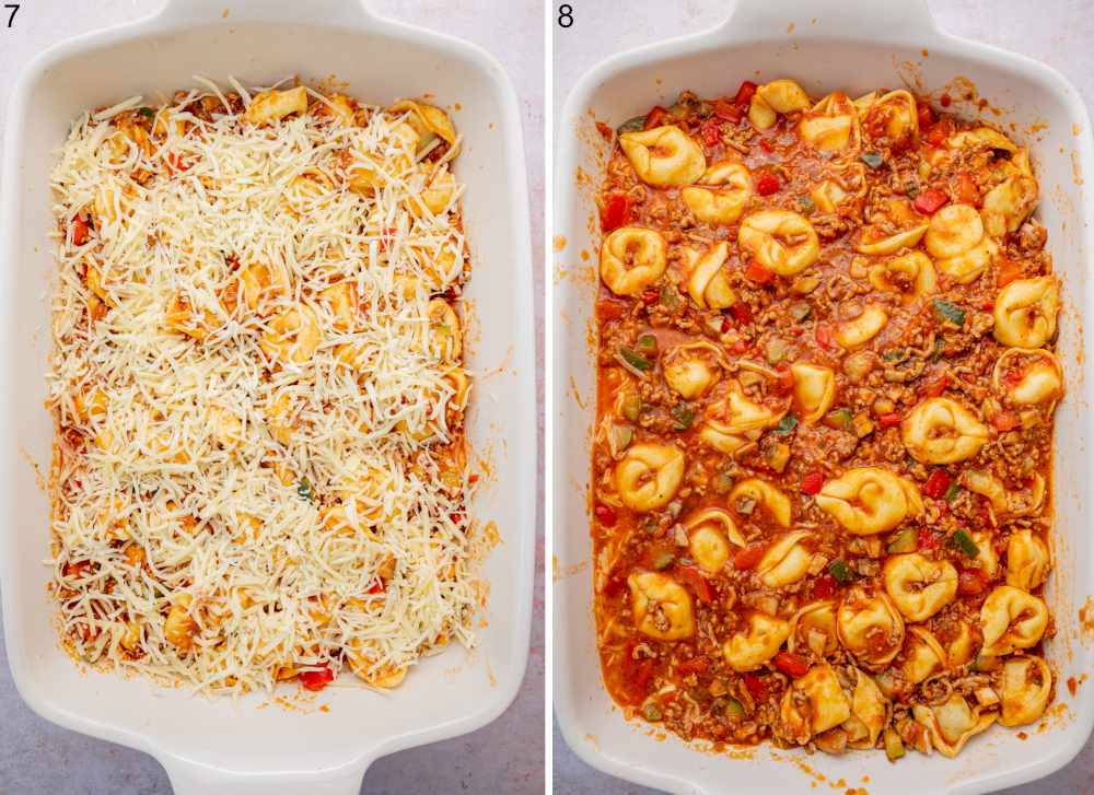 Tortellini bake with cheese in a casserole dish.