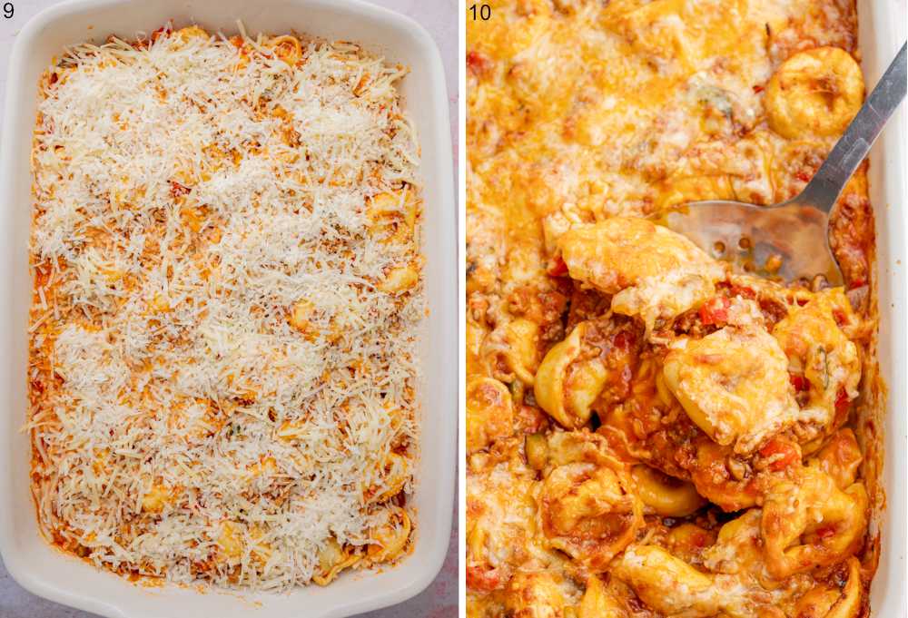 Tomato sauce with tortellini and cheese in a casserole dish. Tortellini bake in a baking dish.