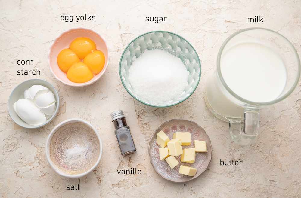 Labeled ingredients for vanilla pastry cream.