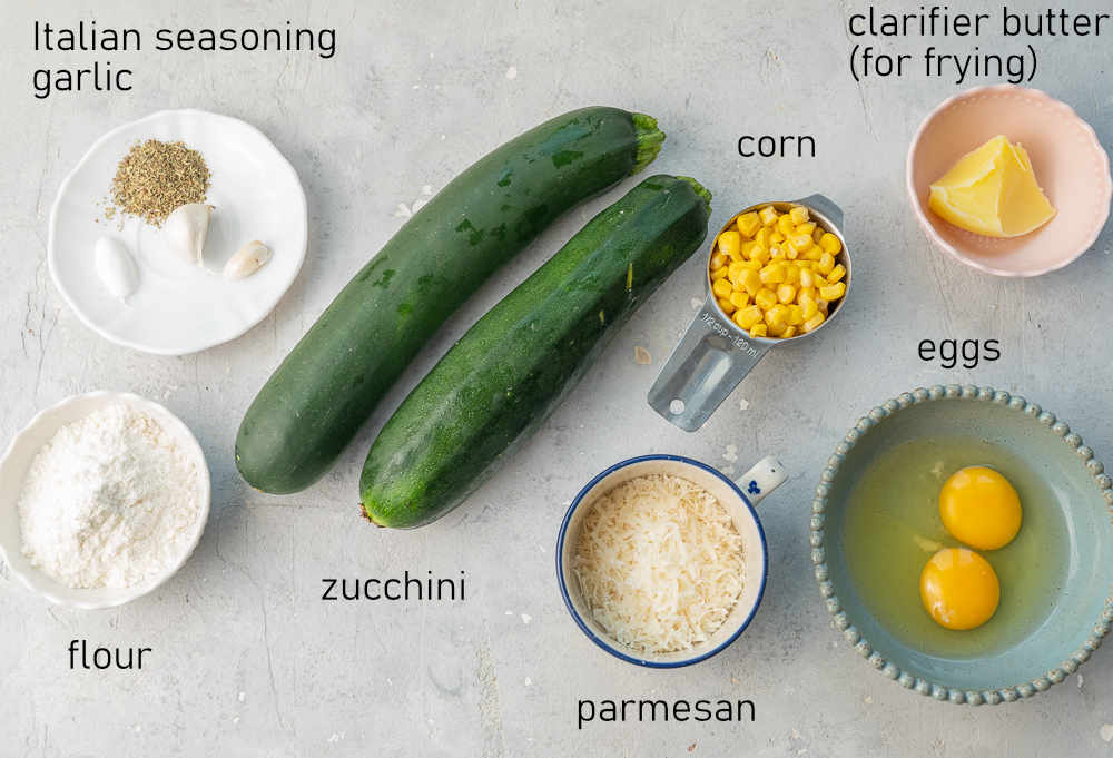 Labeled ingredients for zucchini corn fritters.