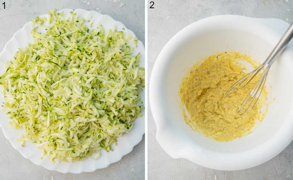 Shredded zucchini on a white plate. Fritter batter in a bowl.