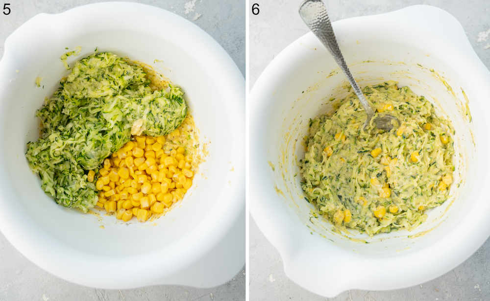 Ingredients for zucchini corn fritters in a white bowl. Zucchini fritters batter in a bowl.