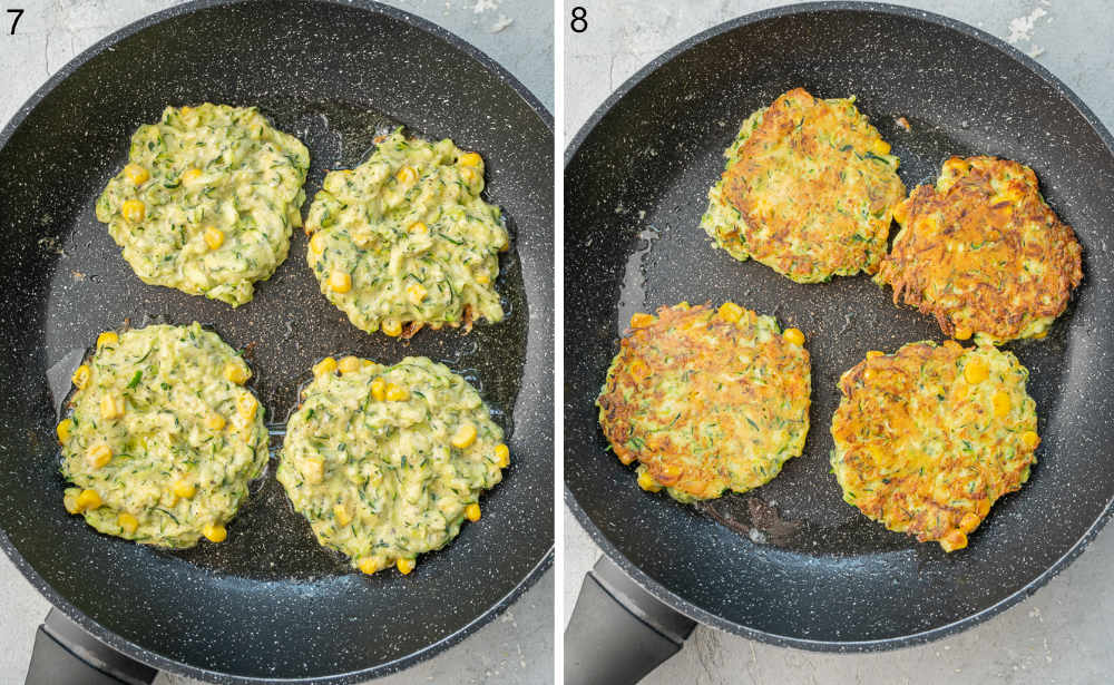 Zucchini fritters are being cooked in a black pan.