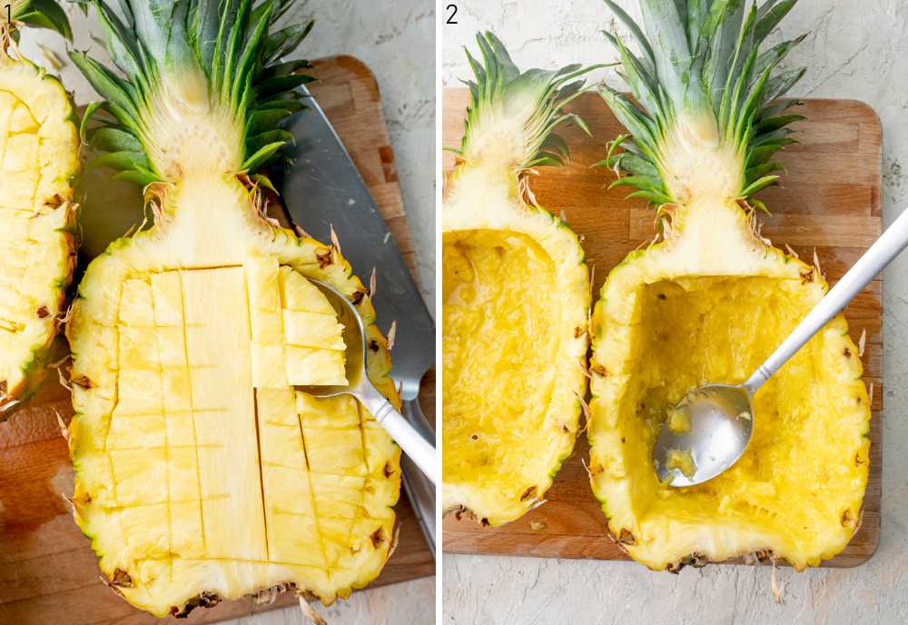 A whole pineapple is being cut into cubes. A pineapple bowl.