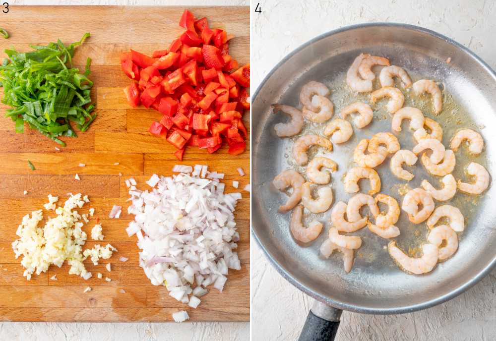 Chopped ingredients for Pineapple Fried Rice. Sauteed shrimp in a pan.