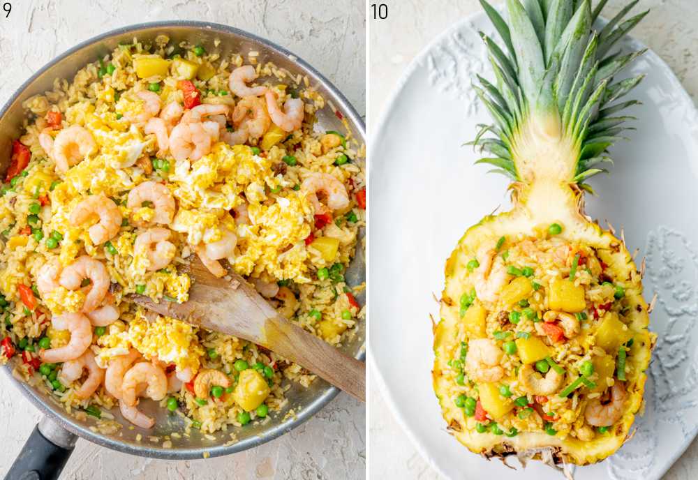 Pineapple Fried Rice in a pan. Pineapple Fried Rice in a pineapple bowl.