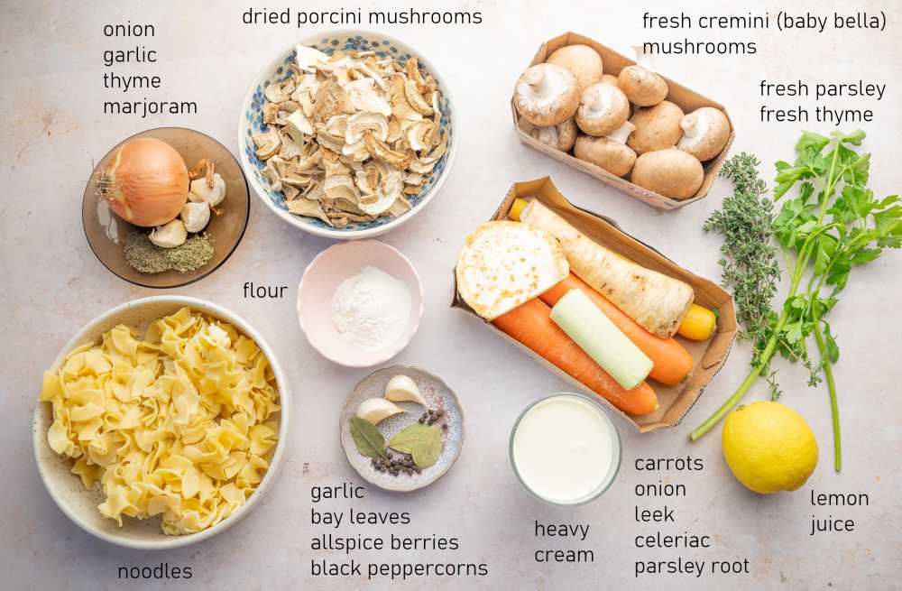 Labeled ingredients for Polish Christmas Eve Mushroom Soup.