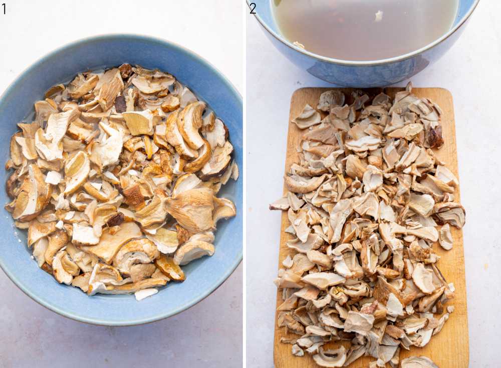 Dried mushrooms are soaking in a blue bowl. Chopped mushrooms on a wooden board.
