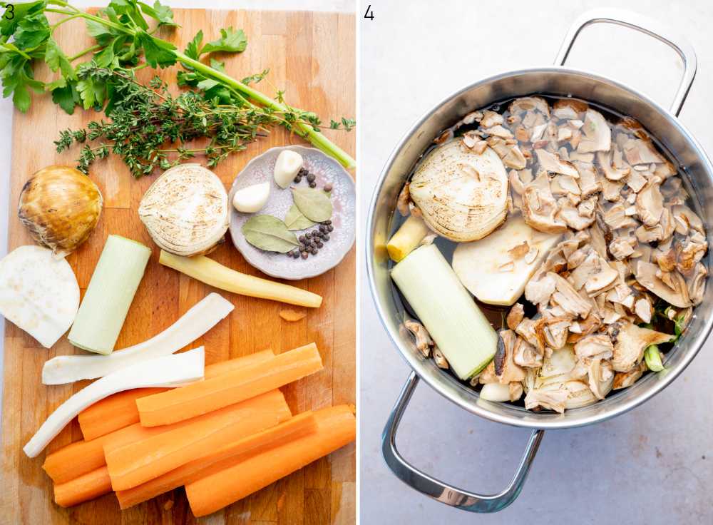 Chopped vegetables on a wooden board. Ingredients for mushroom soup in a pot.