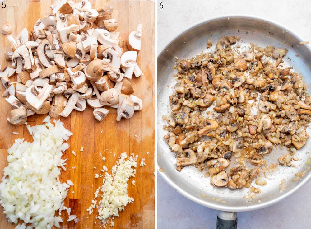 Chopped mushrooms and onions on a wooden board. Sauteed mushrooms and onions in a pan.