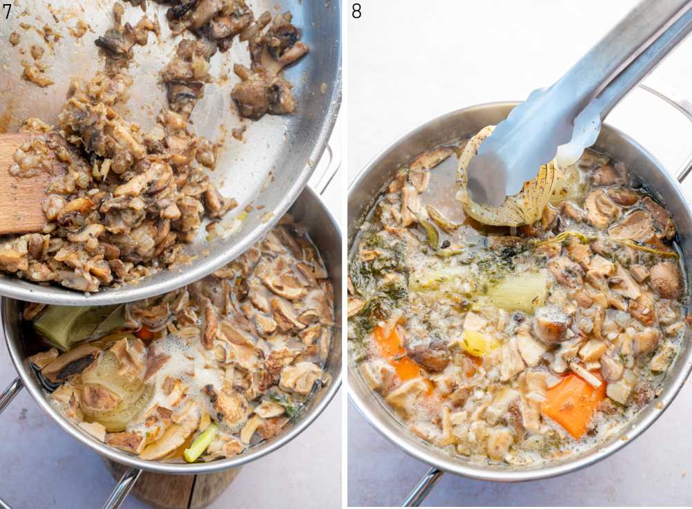 Sauteed mushrooms are being added to a pot with soup. Onion is being taken out of a pot with kitchen tongs.