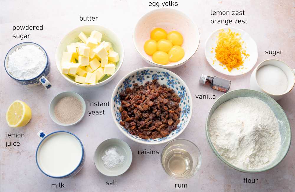 Labeled ingredients for raisin babka bread.