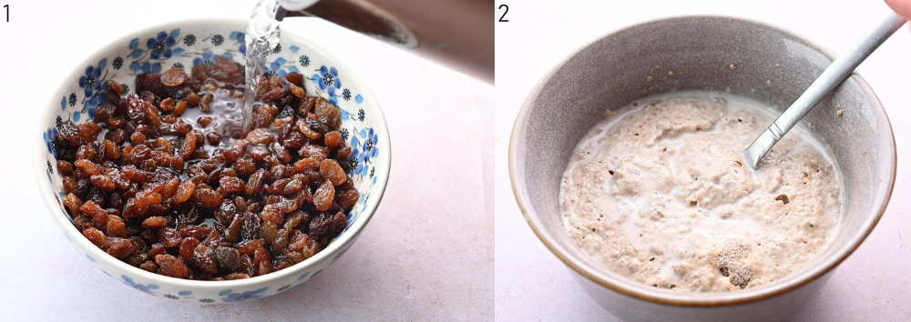 Water is being added to raisins in a bowl. Bloomed yeast in a bowl.