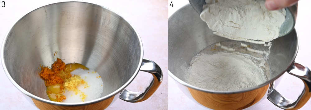 Egg yolks, sugar, and citrus zest in a bowl. Flour is being added to a bowl.