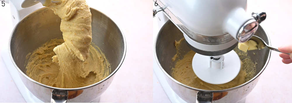 Yeast dough in a bowl. Butter is added to a dough in a bowl.