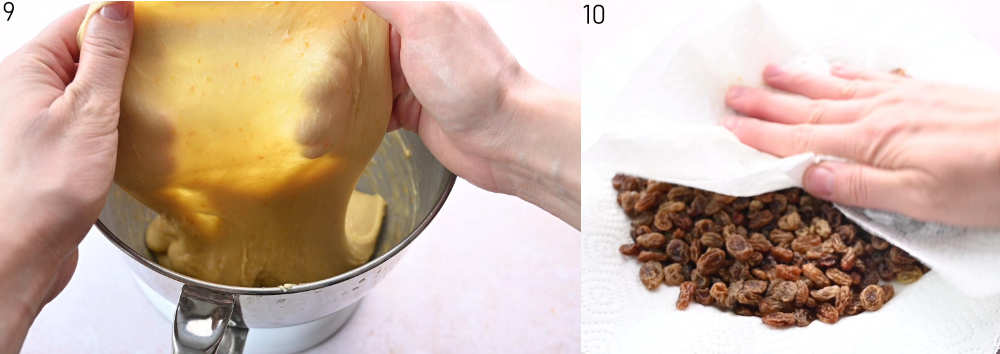 Window pane test demonstrated on a piece of yeast dough. Raising are being patted dry with paper towels.