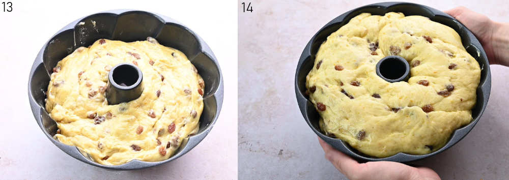 Raisin yeast dough in a bundt cake pan. Risen yeast dough in a bundt cake pan.