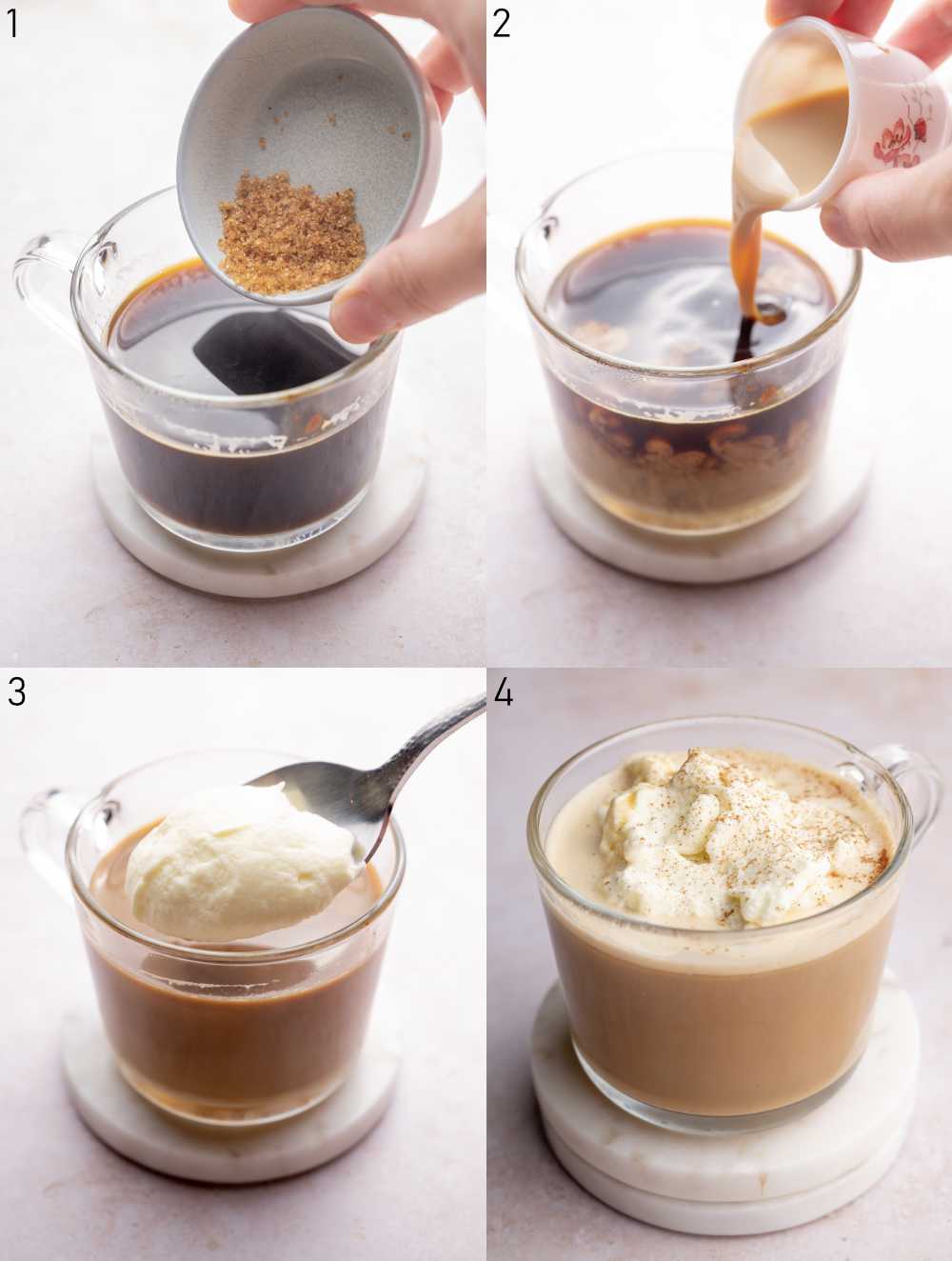 A collage of 4 photos showing how to make Baileys coffee step by step.