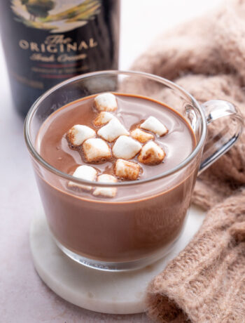 Baileys hot chocolate in a glass.