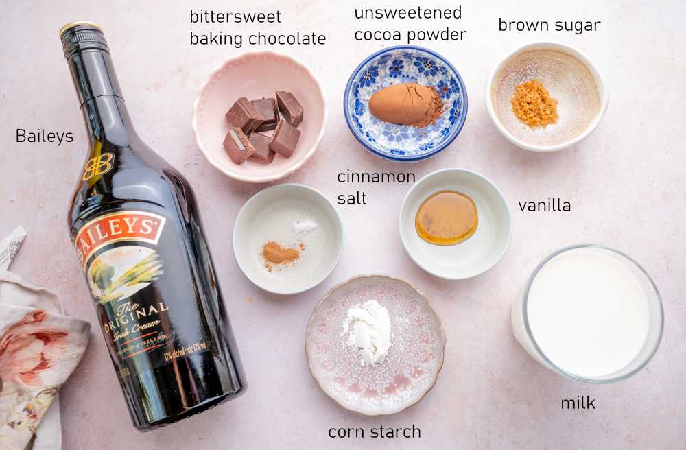 Labeled ingredients for Baileys hot chocolate.