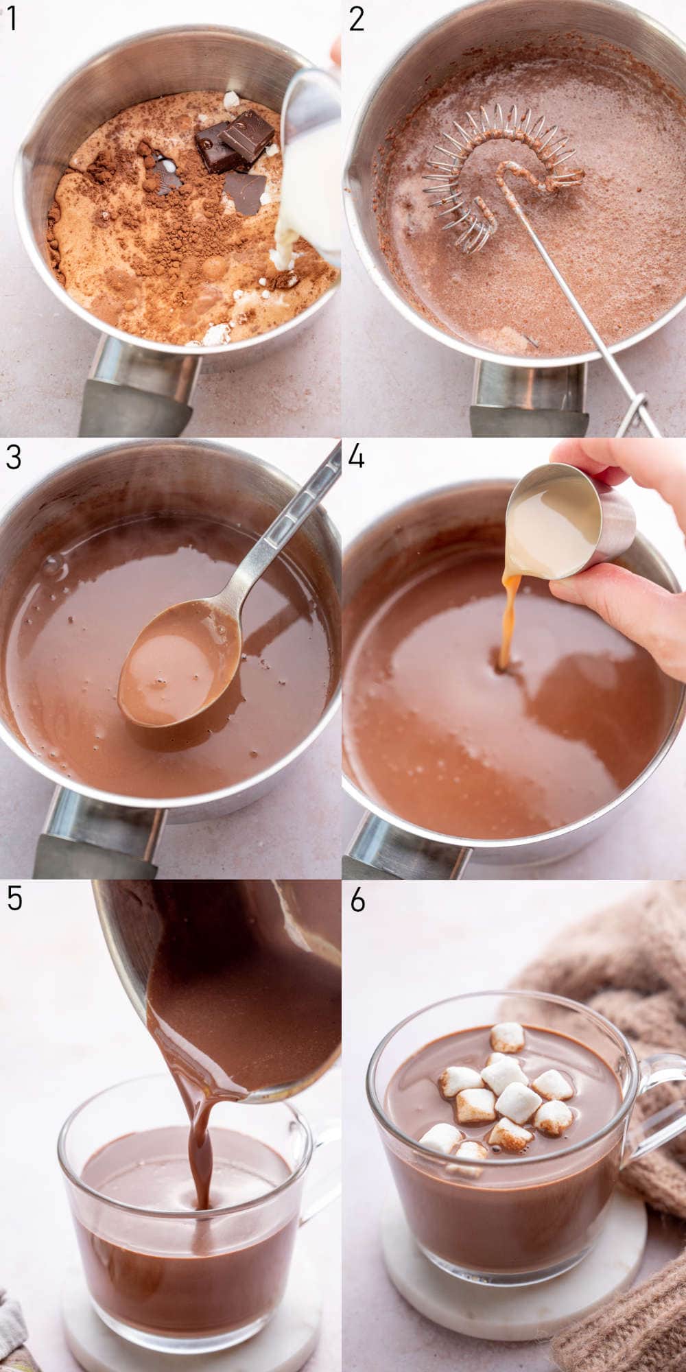 A collage of 6 photos showing how to prepare Baileys hot chocolate.