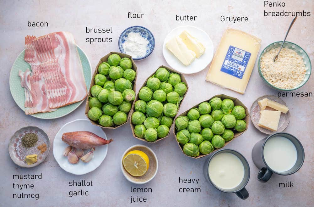 Labeled ingredients for Brussel Sprouts Gratin.