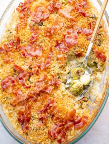 Brussel sprouts gratin in a baking dish.