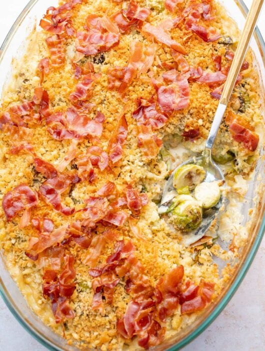 Brussel sprouts gratin in a baking dish.