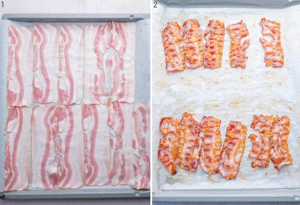 Uncooked and cooked bacon on a baking sheet.