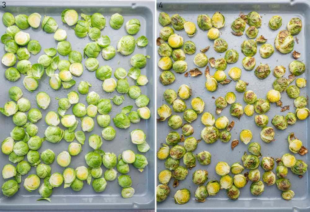 Raw and baked brussel sprouts on a baking sheet.
