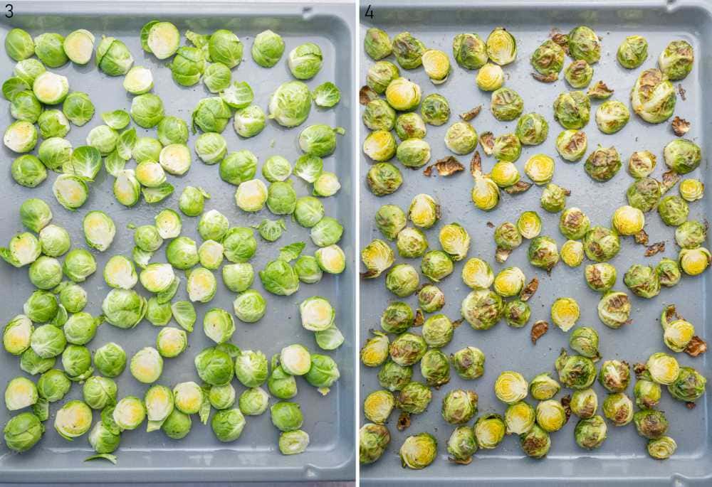 Raw and baked brussels sprouts on a baking sheet.