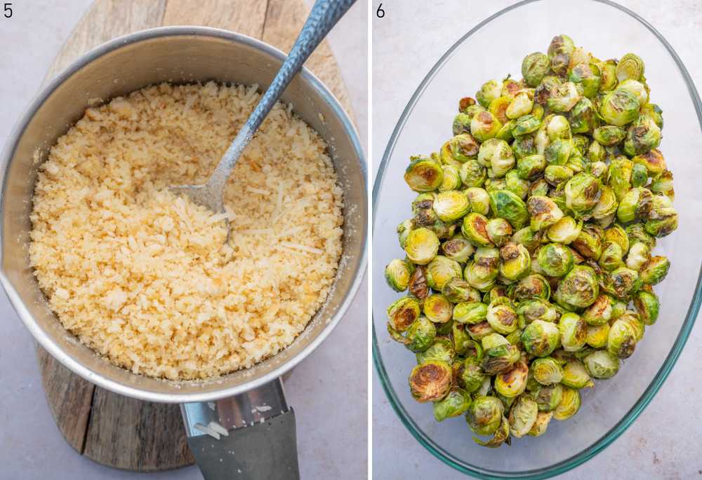 Breadcrumb parmesan topping in a pot. Roasted brussels sprouts in a baking dish.