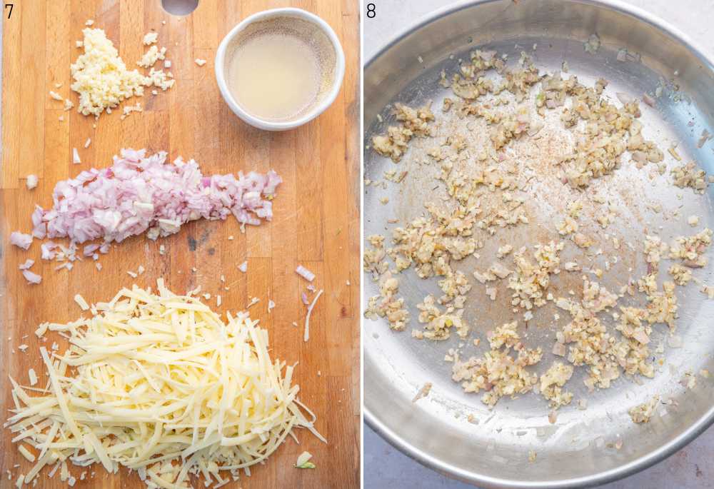 Chopped shallots, garlic, and grated cheese on a wooden board. Sauteed shallots and garlic in a pan.