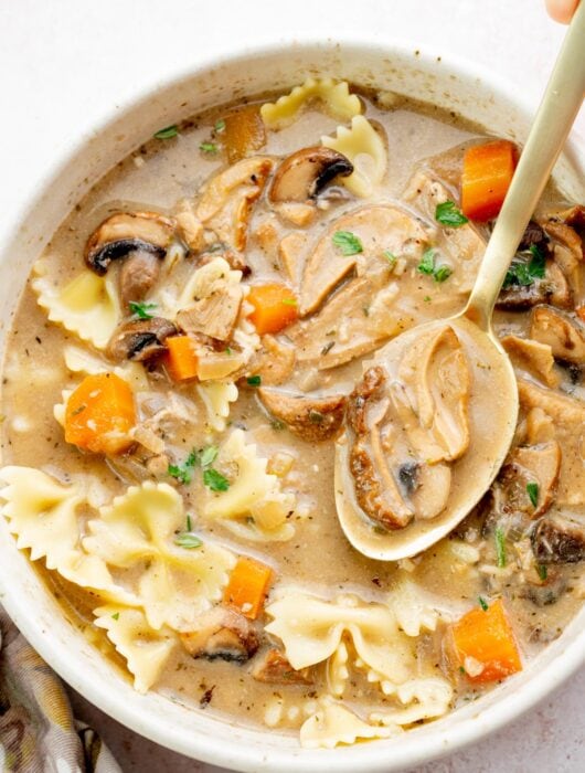 Polish Christmas Eve mushroom soup in a beige bowl.