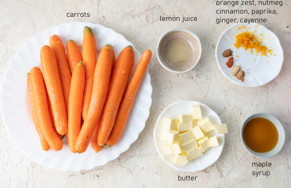 Labeled ingredients for mashed carrots.