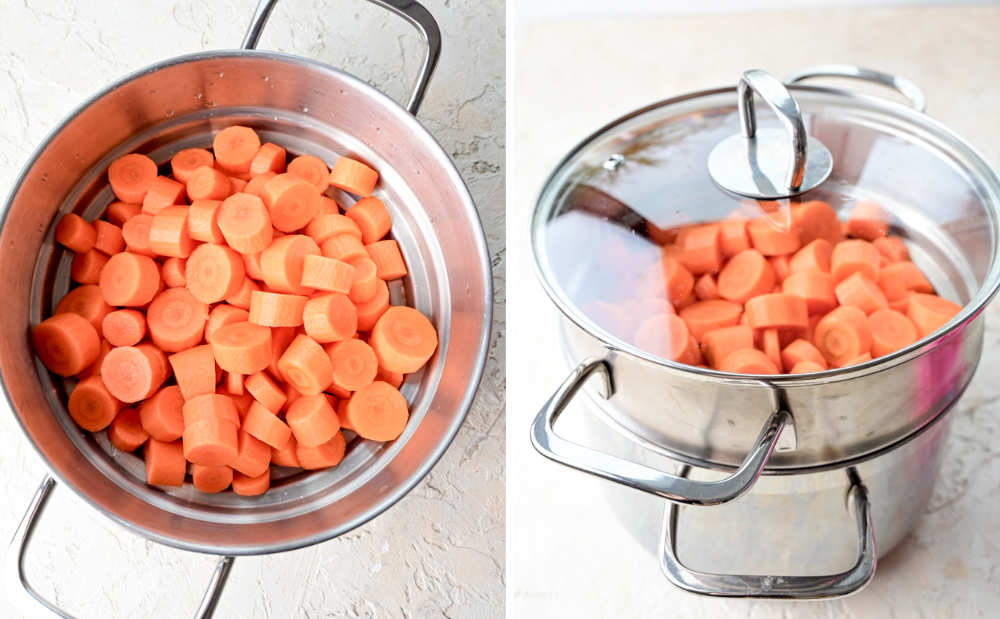 Carrots are being steamed in a pot.