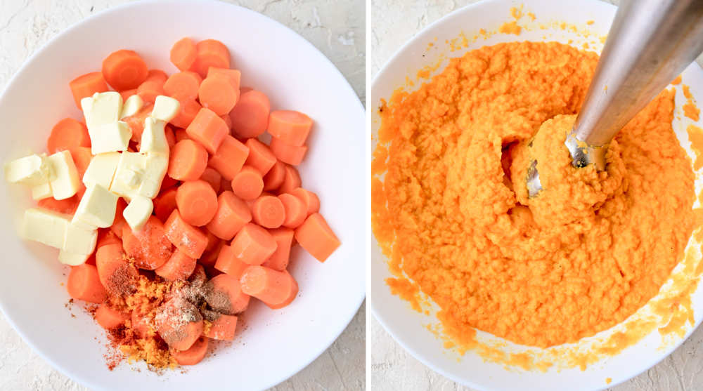 Steamed carrots with butter and spices in a white bowl. Carrots are being pureed with a mixer.