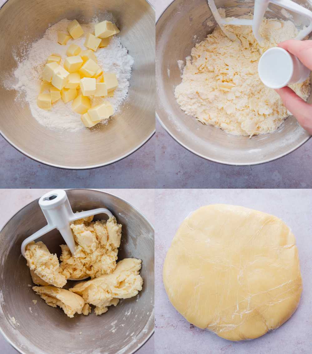 A collage of 4 photos showing how to make shortcrust pastry.