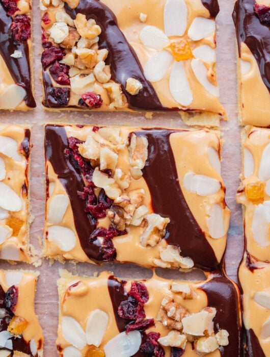 Mazurek Polish Easter tart cut into squares.